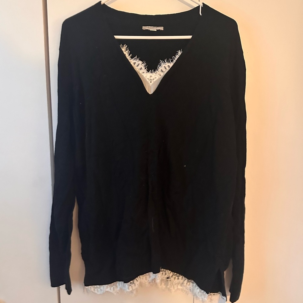LOFT Black V-Neck Sweater with lace trim